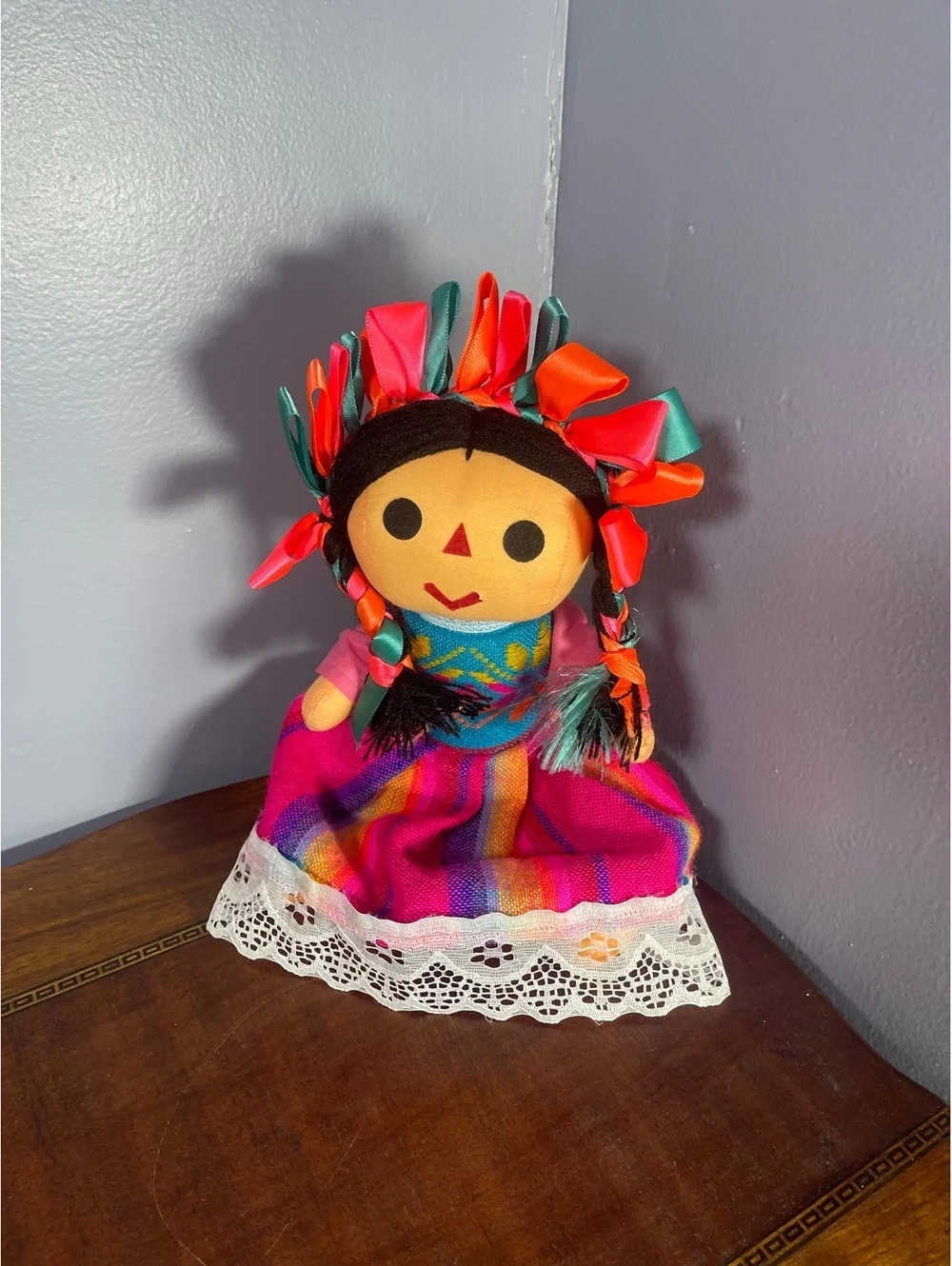 Handmade Mexican Cloth Doll with Colorful Ribbon and Embroidered Dress
